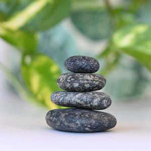 Puede incluir: Una pila de cuatro piedras lisas de color gris oscuro dispuestas verticalmente en tamaño decreciente de abajo hacia arriba. Cada piedra presenta una textura natural y moteada con motas de color gris más claro en toda su superficie.