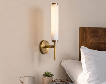 Natural Alabaster Stone Sconce Set of 2, Brass Arm, Minimalist Bedside Wall Light Pair, Plug-In, US Plug + Bulbs, Duties Paid