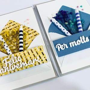 Postal Artesanal con flores. Postal "Per molts anys" i "Feliç aniversari". Postal en catalan. Postal hecha a mano.