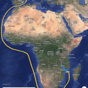 May include: A map of Africa and surrounding areas, with a yellow line tracing a route from the Iberian Peninsula to Madagascar. The map includes country names and geographical features, with the Google Maps logo at the bottom.