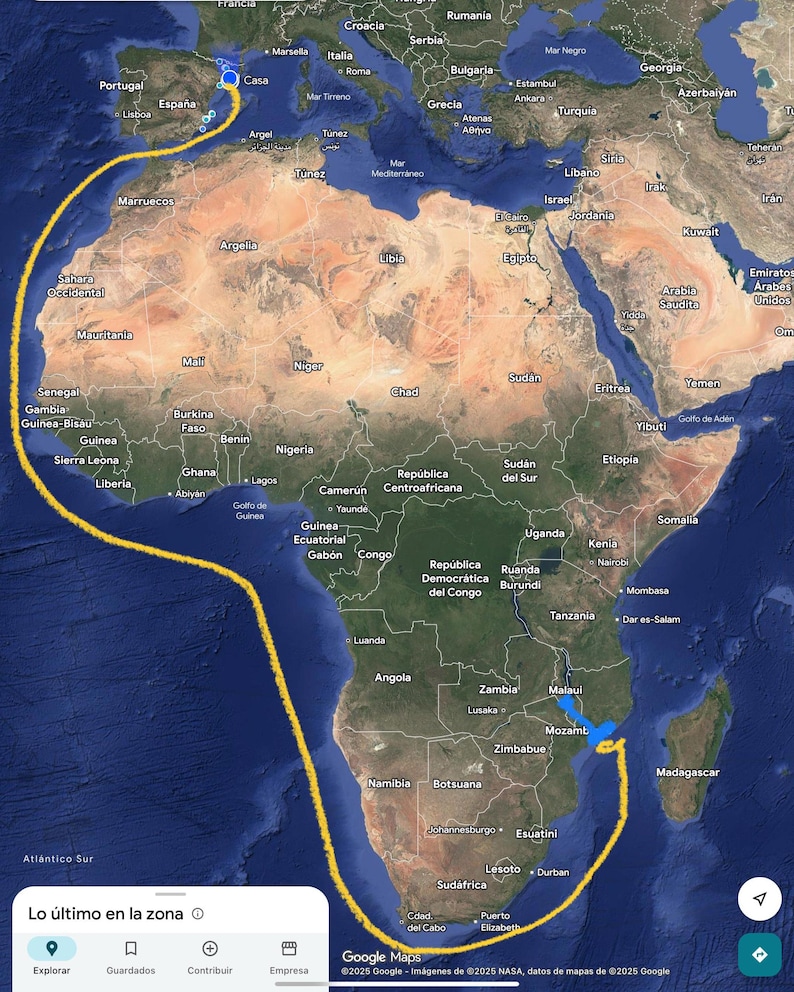May include: A map of Africa and surrounding areas, with a yellow line tracing a route from the Iberian Peninsula to Madagascar. The map includes country names and geographical features, with the Google Maps logo at the bottom.