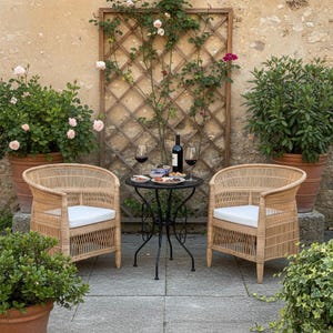 May include: Two wicker armchairs with white cushions face a small black table set for a meal. A bottle of wine and two glasses sit on the table, along with small plates of food. Potted plants and a trellis with climbing roses complete the outdoor scene.