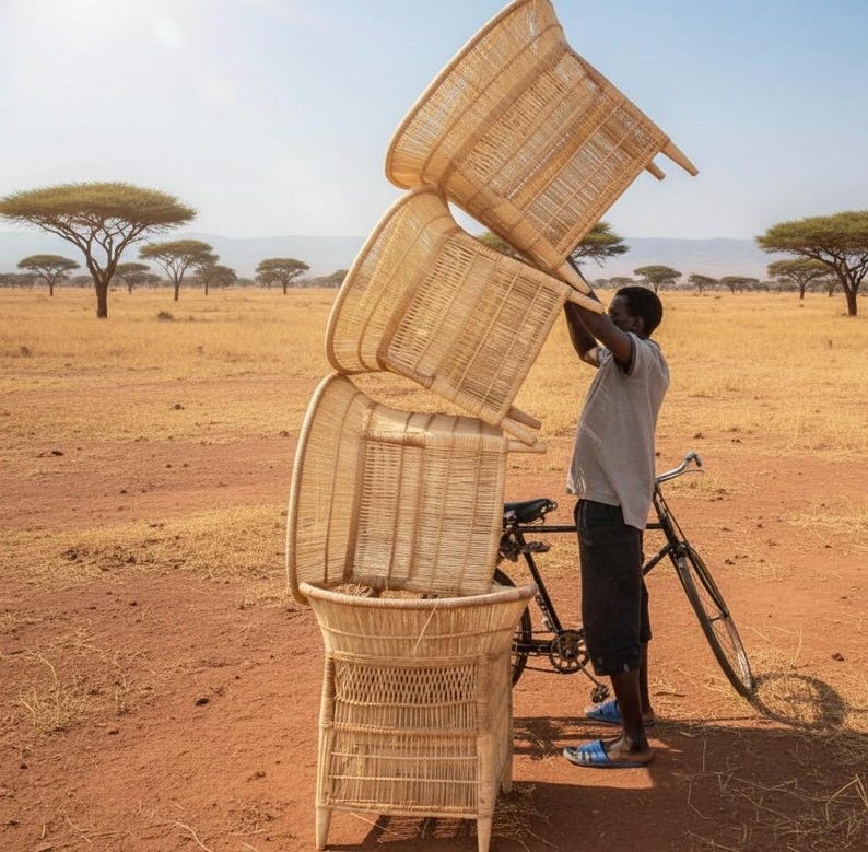 May include: A person balancing a stack of four woven wicker chairs. The chairs are light brown and have a rounded back design. A bicycle is parked nearby in a dry, grassy field with scattered trees under a clear blue sky.
