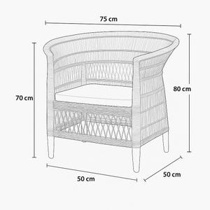 May include: A wicker armchair with a curved back and a white cushion. The chair is 29.5 inches wide, 27.5 inches tall, and 19.7 inches deep. The seat is 27.5 inches wide and 19.7 inches deep. The chair has four legs.