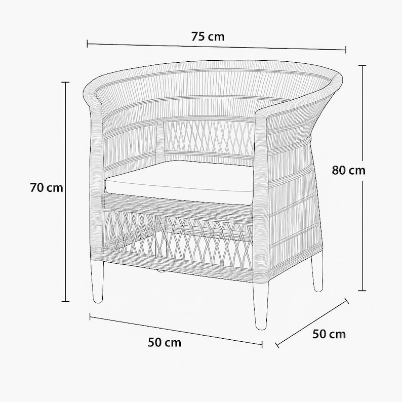 May include: A wicker armchair with a curved back and a white cushion. The chair is 29.5 inches wide, 27.5 inches tall, and 19.7 inches deep. The seat is 27.5 inches wide and 19.7 inches deep. The chair has four legs.