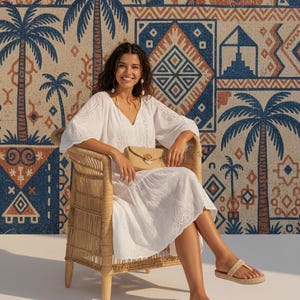 May include: A woman in a white eyelet dress and sandals sits in a wicker chair. She holds a woven clutch. The background features a patterned tapestry with palm trees and geometric designs in blue, tan, and rust.