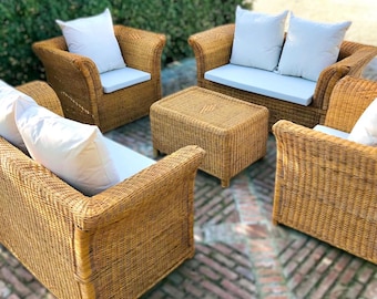 Natural rattan garden set for outdoor and indoor use | Sofas and armchairs with coffee table for patio or outdoor space | Handmade.