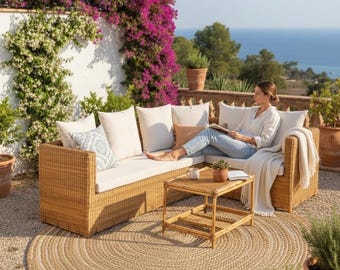 Natural Rattan and Wood Corner L-Shaped Sofa – Classic for Patio or Garden, Handmade, Ideal for Outdoor and Indoor Spaces