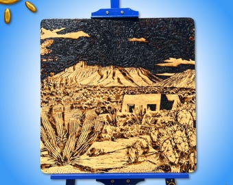 Art de paysage du désert brûlé par le soleil : cactus et maison d'Adobe - Sunscribes™ Original