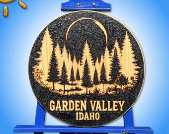 Art sur bois de pin gravé au soleil : scène de nuit de flammes faite main | Vallée des jardins, Idaho