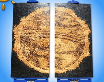 Art mural diptyque soleil et lune : gravure solaire Sunscribes™ sur bois