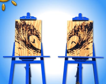 Diptyque vague en bois brûlé : coeur d'art solaire avec oiseaux