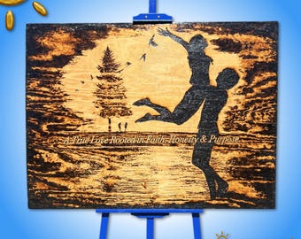Art sur bois silhouette brûlée par le soleil : amour enraciné, décoration d'intérieur fidèle