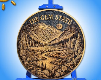 Sun-Etched Whiskey Barrel Head: Idaho Mountain Landscape Wall Art | The Gem State