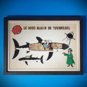 Professor Bienleins U-Boot – Reliefmalerei aus geschnittenem und bemaltem Holz – Wandbild im Stil von Tim und Struppi – 34 x 23 cm gerahmt