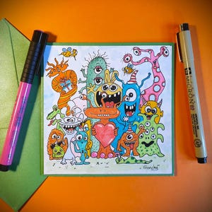 Carte de Vœux Monstres – Doodle Art Peint à la Main – Œuvre Unique