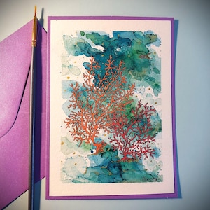 Carte aquarelle originale – Gorgones sous-marines – Œuvre unique sur papier 300 g – Carte double avec enveloppe