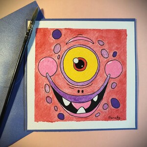 Biglietto d'auguri originale - Mostro divertente - Acrilico e inchiostro - Fatto a mano