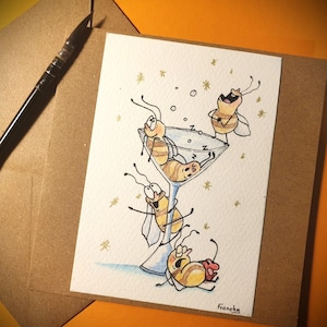 Carte festive, anniversaire originale en aquarelle – Abeilles pétillantes