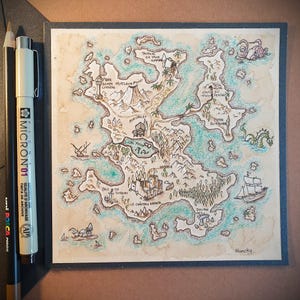 Carte artistique fantasy - Dessin original à l'encre et crayons de couleur - Île imaginaire pleine de détails