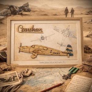 Op de afbeelding: Houten kunstwerk in een lijst met een Caudron Simoun C630 vliegtuig. Het kunstwerk bevat een gedetailleerde houten uitsnede van het vliegtuig, blauwdrukken en de tekst "Caudron Simoun C630 de Saint-Exupéry 1935". De achtergrond toont een woestijnlandschap.