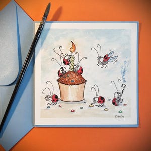 Carte aquarelle originale pour anniversaire – Coccinelles joyeuses autour d’un muffin