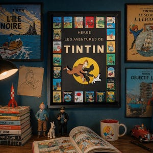 Puede incluir: Un póster enmarcado titulado Les Aventures de Tintin de Hergé, con una ilustración central de Tintín y Milú rodeada de pequeñas portadas de libros. La muestra incluye figuras de Tintín, una taza, un cohete rojo y varios cómics.