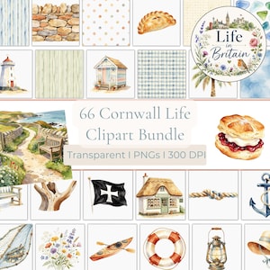 May include: A digital collection of 66 Cornwall Life clipart images featuring watercolour illustrations of lighthouses, beach huts, scones, coastal paths, anchors, lifebuoys, lanterns, and floral arrangements, all presented as transparent PNG files.