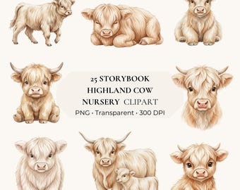Highland Cow Nursery Clipart | Watercolor Farm Animals (PNG) | Highland Cow PNG