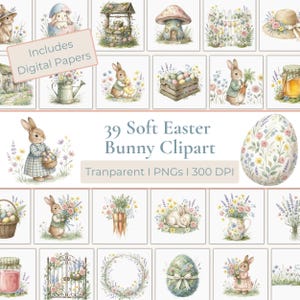 Puede incluir: Colección de 39 imágenes prediseñadas de conejitos de Pascua. Las imágenes incluyen conejos, huevos, flores y otros elementos primaverales. El texto incluye "Includes Digital Papers" y "39 Soft Easter Bunny Clipart". Formato PNG.