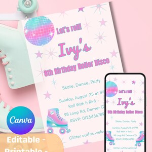 Roller Skate Birthday Invitation | Roller Skating Invite | Retro Disco Canva Template | Digital & Phone Invite