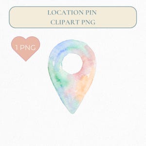 Könnte beinhalten: Aquarell-Standortnadel-Clipart in Pastellfarben aus Blau, Grün, Rosa und Orange. Das Bild enthält ein rosa Herz mit dem Text "1 PNG" und ein Banner mit dem Text "LOCATION PIN CLIPART PNG".