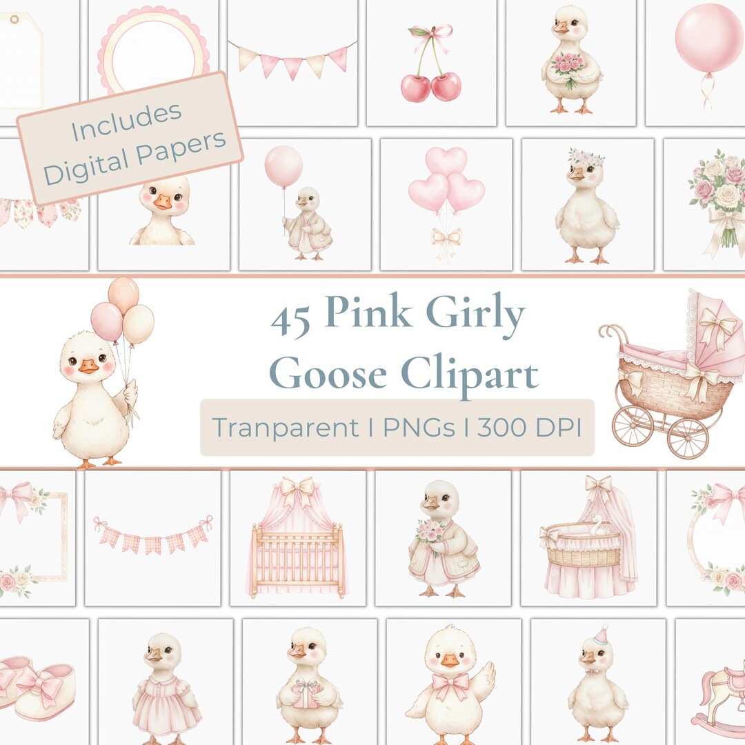 45 Pink Soft Goose Clipart PNG, Watercolor Girly Goose Nursery Graphics ...