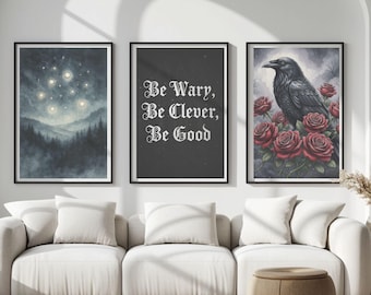 Set di 3 stampe murali ispirate a One Dark Window / Stampe di corvo fantasy oscuro / Download digitale per amanti dei libri gotici