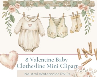 Clipart de tendedero de bebé de San Valentín, conjunto PNG de acuarela neutra (descarga digital)