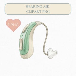 Pode incluir: Ilustração em aquarela de um aparelho auditivo em tons de verde e bege. O dispositivo tem um design curvo com uma pequena ponta para o ouvido e um fio de conexão. A imagem inclui o texto "HEARING AID CLIPART PNG" e um coração rosa com "1 PNG".
