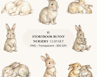 Storybook Bunny Clipart Set | 35 Watercolour Rabbit PNG | Nursery & Baby Shower Illustrations