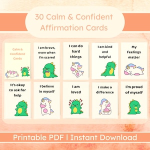 Cartões de Afirmação de Dinossauro e Unicórnio para Crianças – 30 Cartões de Positividade para Imprimir para Confiança e Emoções | Kit de Autoestima Fofo