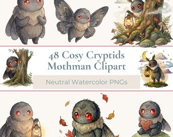 48 Mothman Clipart Bundle Accogliente Cryptid Folklore PNG / Personaggi, scene e sfondi di libri di fiabe ad acquerello