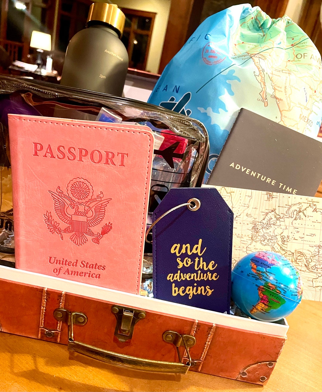 Travel Gift Box Present Adventure Passport Holder Water Bottle