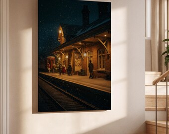 ヴィンテージクリスマストレインステーションキャンバスウォールアート、居心地の良い冬の風景、ホリデー鉄道装飾、暖かくノスタルジックなクリスマスキャンバスホーム