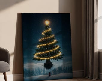 Magical Christmas Tree Canvas Wall Art, Glowing Holiday Tree in Night Sky, Festive Winter Scene, Cozy Christmas Canvas for Home Decoration