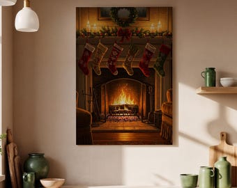 Può includere: Una scena natalizia accogliente con un camino e un fuoco scoppiettante. Sei calze festive sono appese sopra il camino. L'opera d'arte evoca calore e lo spirito della stagione, con un'illuminazione soffusa e un'atmosfera accogliente.