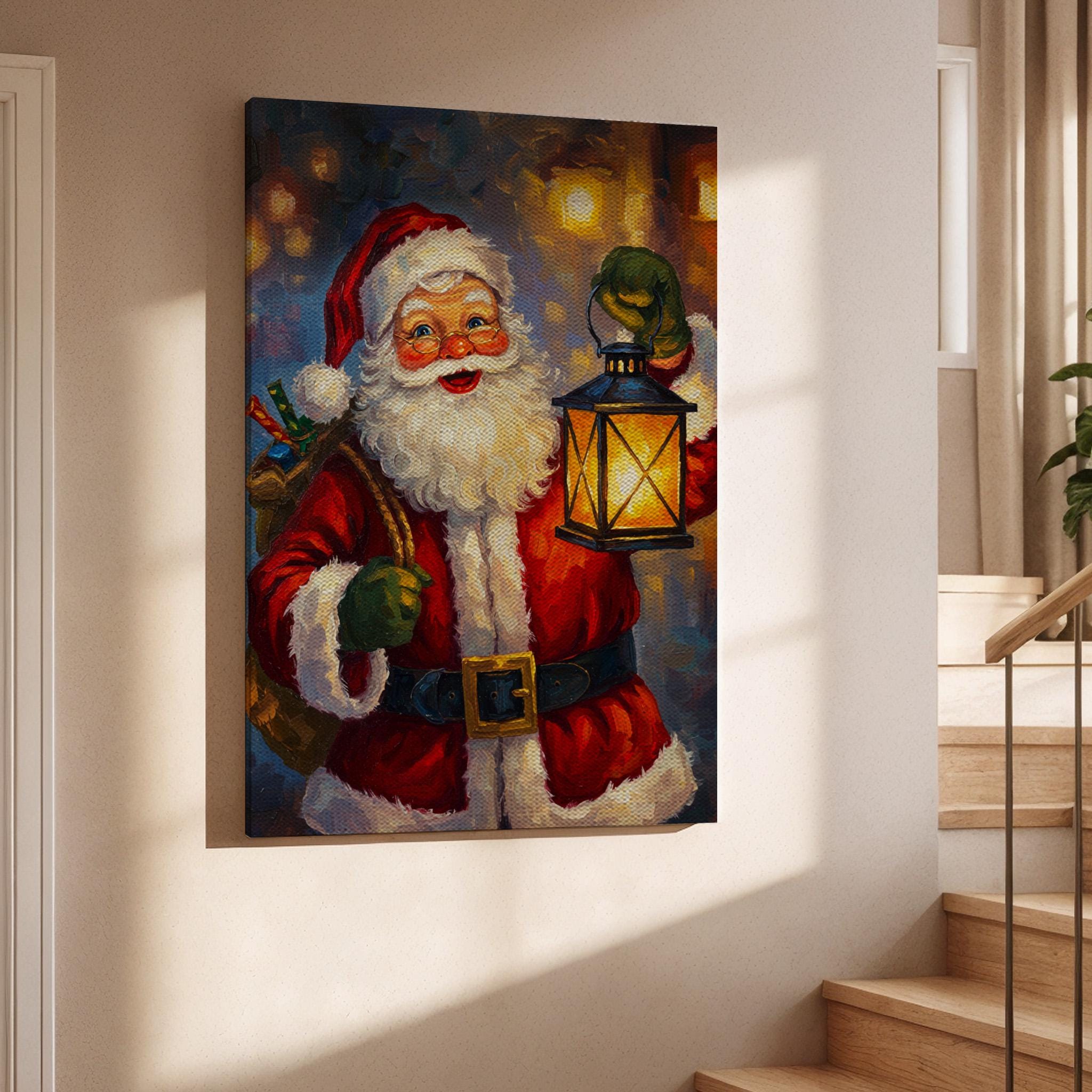 Santa Claus Lantern Canvas Wall Art, Classic Christmas Painting,…