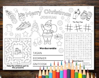 May include: A black and white Christmas-themed colouring placemat. It includes soccer-related illustrations, a maze, word search, tic-tac-toe, and the text "Merry Christmas Joshua!" and "Help the children get to the presents".