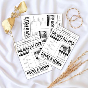 May include: A collection of wedding announcements with a newspaper theme. The announcements are black and white, with the headline "THE BEST DAY EVER" and the names "DAYNA & MASON" prominently displayed. Gold-colored decorative elements are also present.