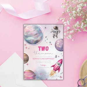 Two the Moon Birthday Party Invitation | 2nd Birthday Two the Moon Party |Outerspace Invitation | Girls Space Birthday Invitation | Editable