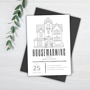 Editable Outline House Warming Invitation | House Warming Party | Modern Minimalist, Printable or Mobile Invite | Digital Download | Canva