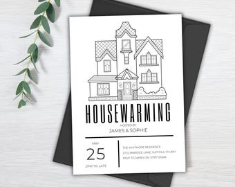 Editable Outline House Warming Invitation | House Warming Party | Modern Minimalist, Printable or Mobile Invite | Digital Download | Canva
