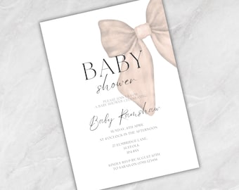 Bow Baby Shower Invitation | Personalised Baby Shower Invite | Printed A5 | Neutral, Pink or Blue | Baby Shower Games